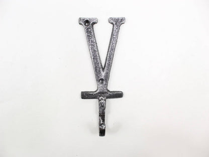 Rustic Silver Cast Iron Letter V Alphabet Wall Hook 6""
