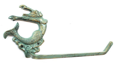 Antique Seaworn Bronze Cast Iron Decorative Arching Mermaid Toilet Paper Holder 11""