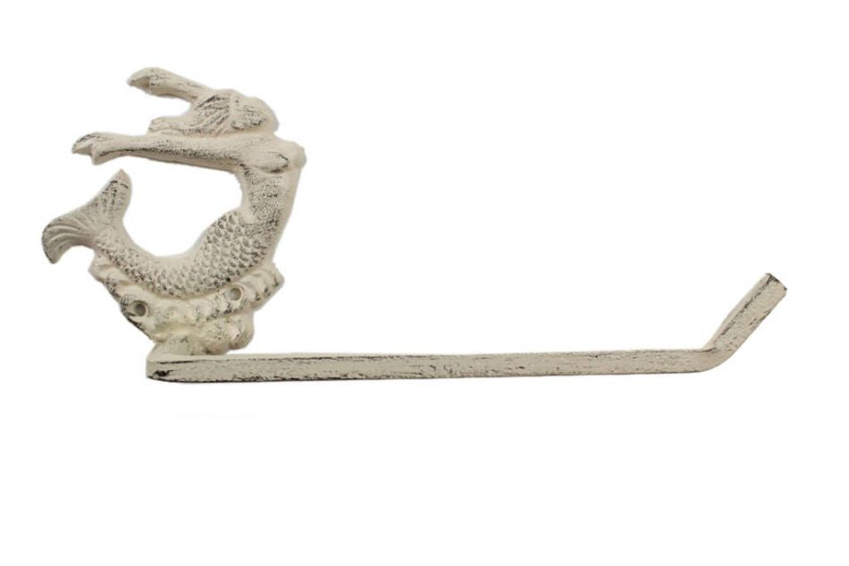 Whitewashed Cast Iron Decorative Arching Mermaid Toilet Paper Holder 11""