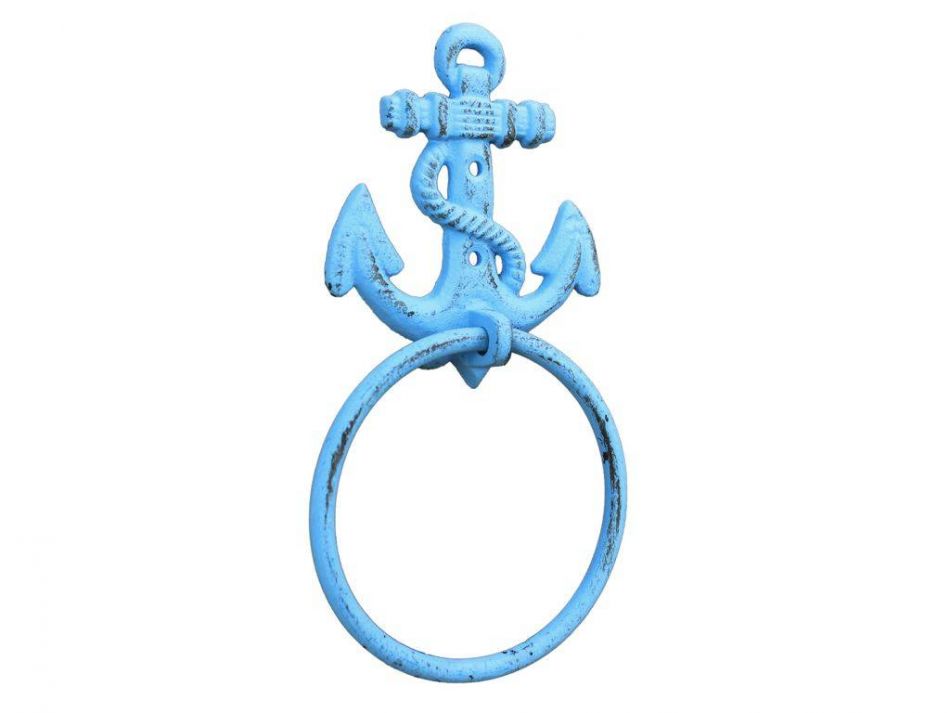 Rustic Light Blue Cast Iron Anchor Towel Holder 8.5""