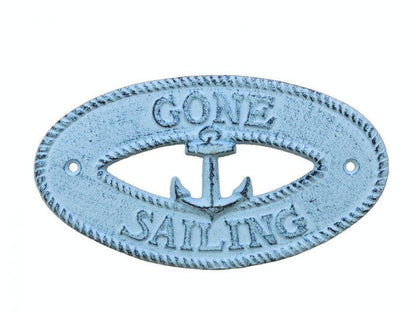 Dark Blue Whitewashed Cast Iron Gone Sailing with Anchor Sign 8""