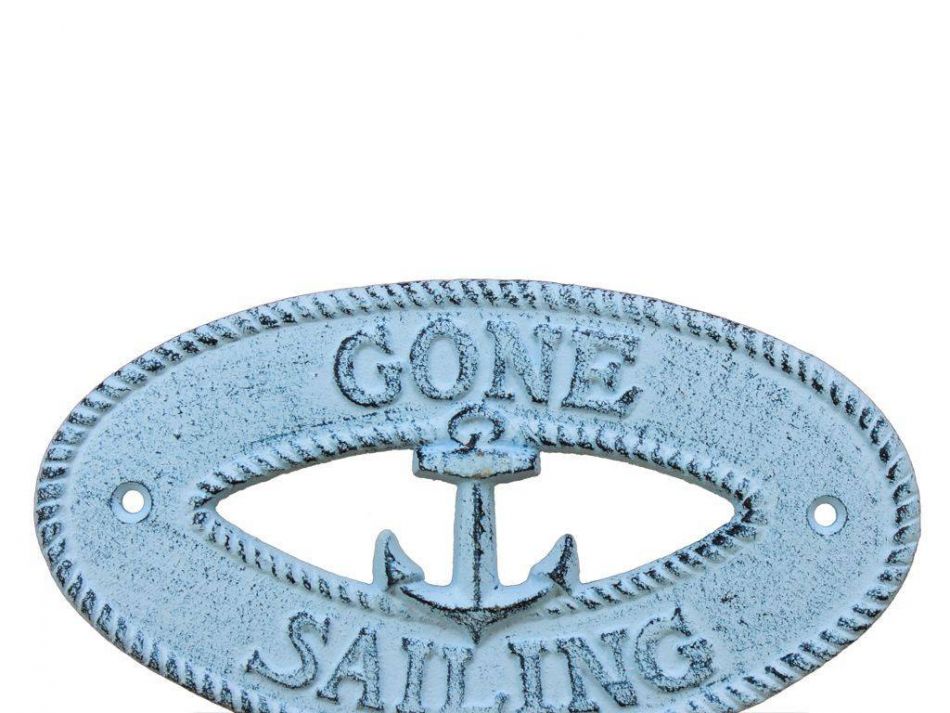 Dark Blue Whitewashed Cast Iron Gone Sailing with Anchor Sign 8""