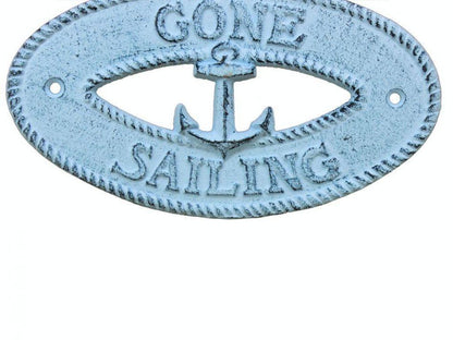 Dark Blue Whitewashed Cast Iron Gone Sailing with Anchor Sign 8""