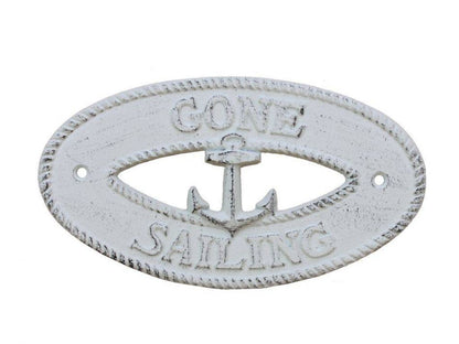 Whitewashed Cast Iron Gone Sailing with Anchor Sign 8""