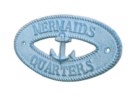 Light Blue Whitewashed Cast Iron Mermaids Quarters with Anchor Sign 8""