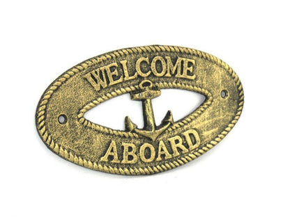 Antique Gold Cast Iron Welcome Aboard with Anchor Sign 8""