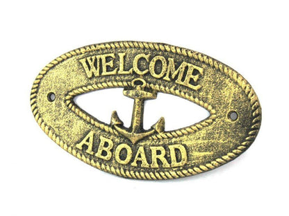 Antique Gold Cast Iron Welcome Aboard with Anchor Sign 8""