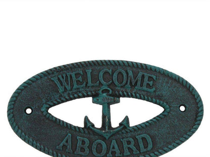 Seaworn Blue Cast Iron Welcome Aboard with Anchor Sign 8""