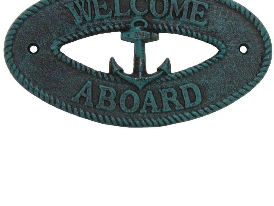 Seaworn Blue Cast Iron Welcome Aboard with Anchor Sign 8""