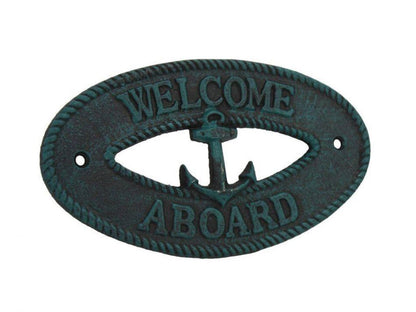 Seaworn Blue Cast Iron Welcome Aboard with Anchor Sign 8""