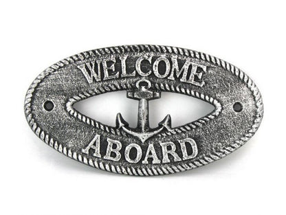 Antique Silver Cast Iron Welcome Aboard with Anchor Sign 8""