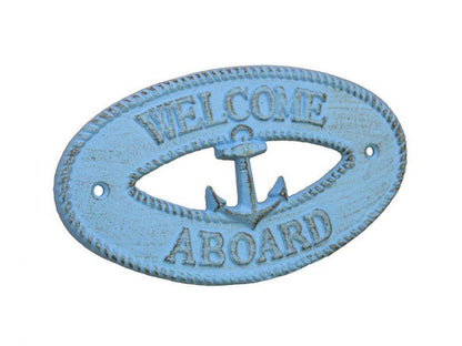 Rustic Light Blue Cast Iron Welcome Aboard with Anchor Sign 8""