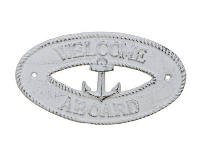 Whitewashed Cast Iron Welcome Aboard with Anchor Sign 8""