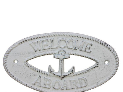 Whitewashed Cast Iron Welcome Aboard with Anchor Sign 8""