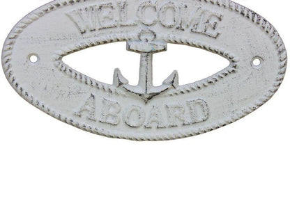 Whitewashed Cast Iron Welcome Aboard with Anchor Sign 8""