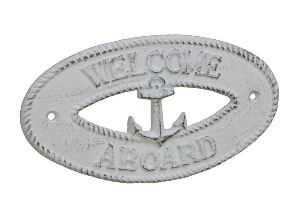 Whitewashed Cast Iron Welcome Aboard with Anchor Sign 8""