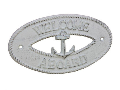 Whitewashed Cast Iron Welcome Aboard with Anchor Sign 8""