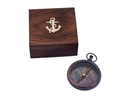 Antique Copper Beveled Lensatic Compass w/ Rosewood Box 4""