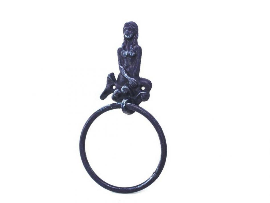 Rustic Dark Blue Cast Iron Mermaid Towel Holder 8.5""