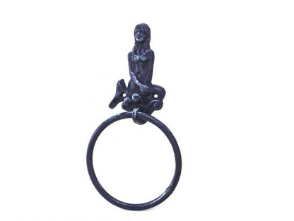 Rustic Dark Blue Cast Iron Mermaid Towel Holder 8.5""