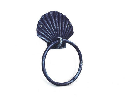 Rustic Dark Blue Cast Iron Seashell Towel Holder 8.5""