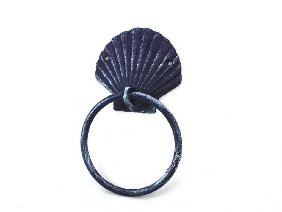 Rustic Dark Blue Cast Iron Seashell Towel Holder 8.5""