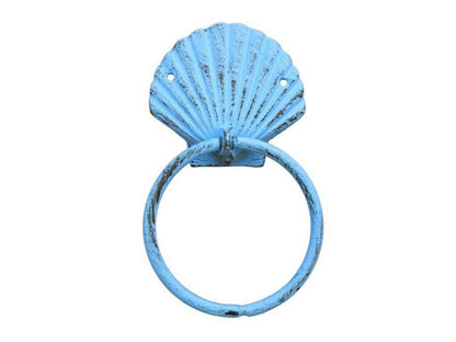 Rustic Light Blue Cast Iron Seashell Towel Holder 8.5""