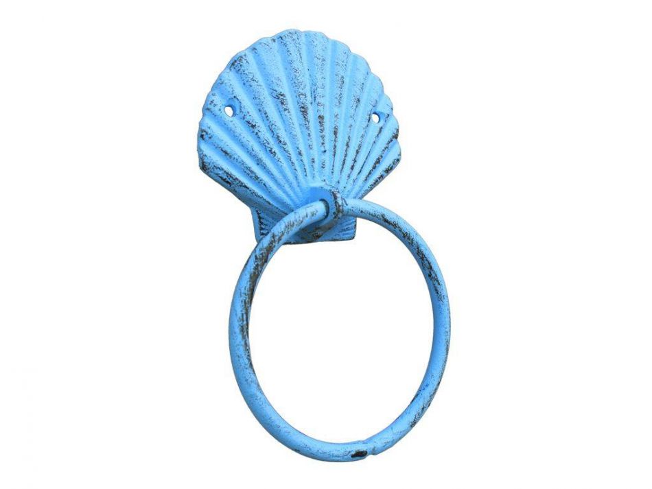 Rustic Light Blue Cast Iron Seashell Towel Holder 8.5""
