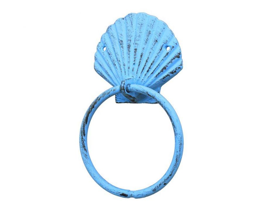 Rustic Light Blue Cast Iron Seashell Towel Holder 8.5""