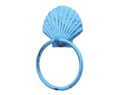 Rustic Light Blue Cast Iron Seashell Towel Holder 8.5""