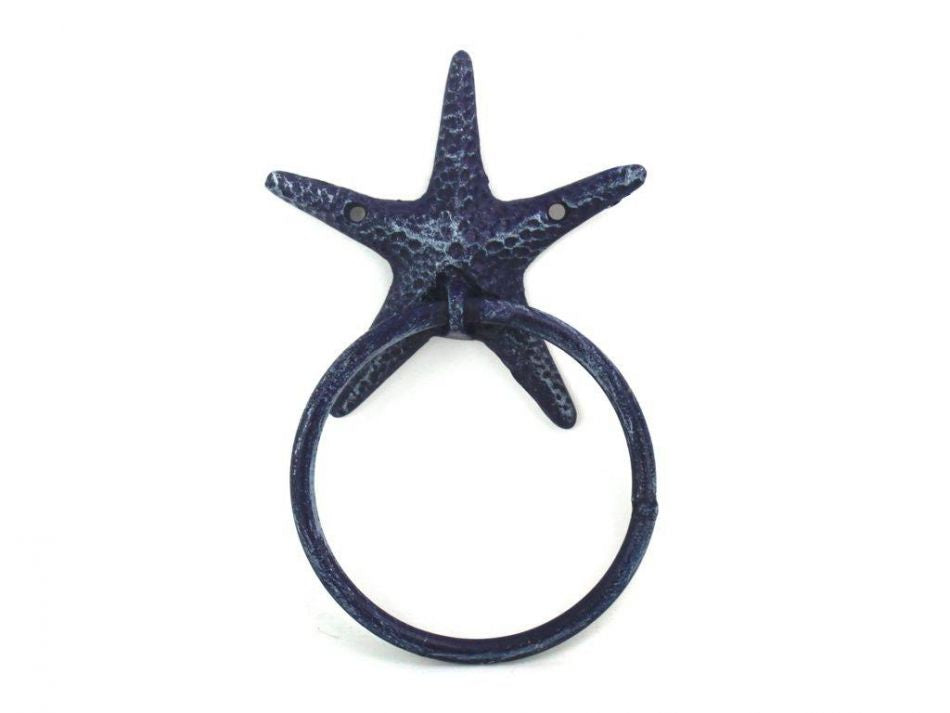 Rustic Dark Blue Cast Iron Starfish Towel Holder 8.5""