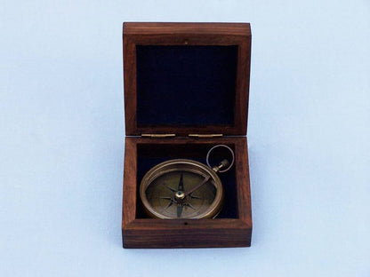 Antique Brass Beveled Lensatic Compass w/ Rosewood Box 4""