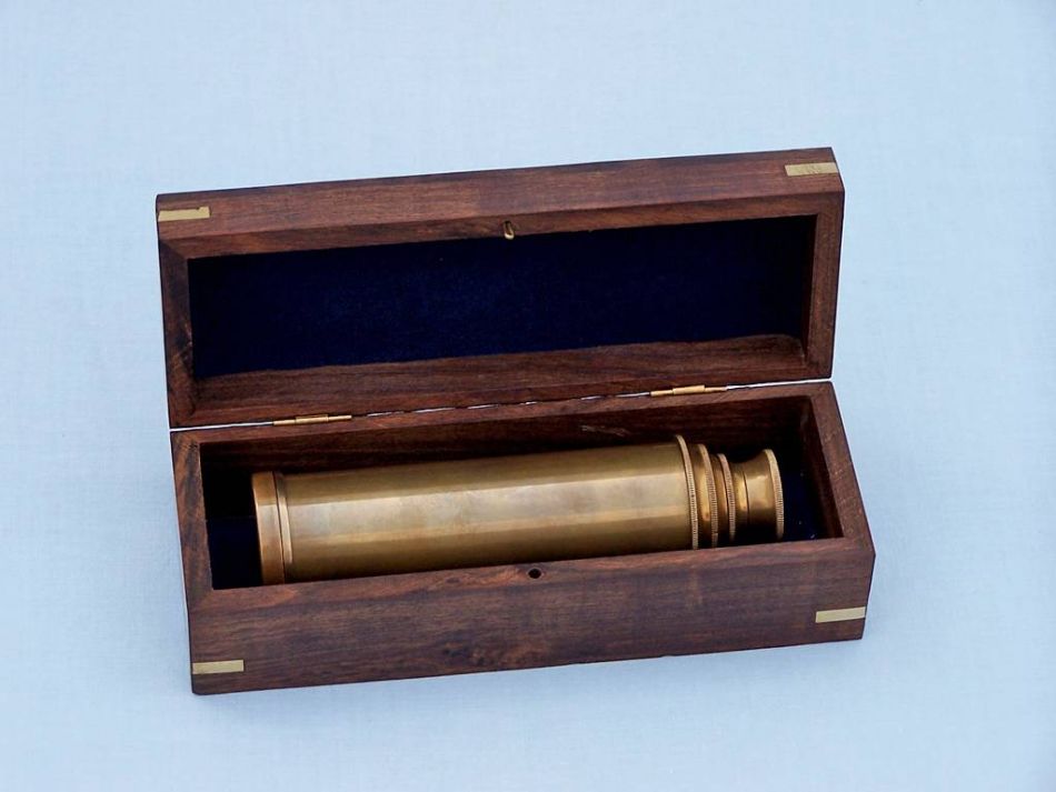 Deluxe Class Antique Brass Captains Spyglass Telescope 15"" with Rosewood Box