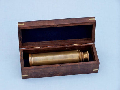 Deluxe Class Antique Brass Captains Spyglass Telescope 15"" with Rosewood Box