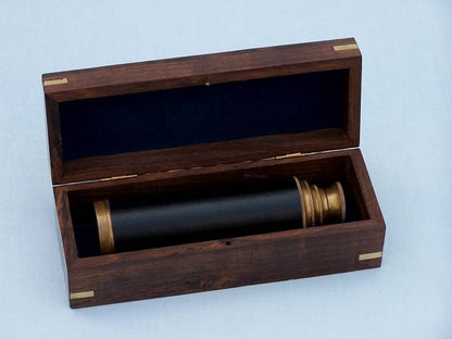 Deluxe Class Antique Brass Captains Spyglass Telescope with Leather 15"" and Rosewood Box