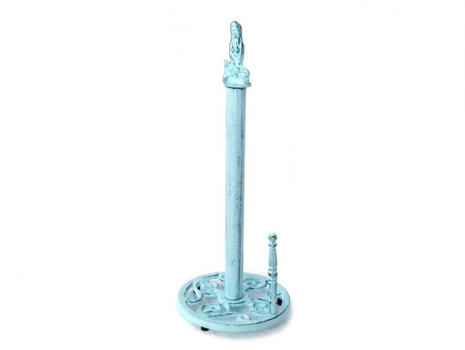 Rustic Dark Blue Whitewashed Cast Iron Mermaid Paper Towel Holder 16""