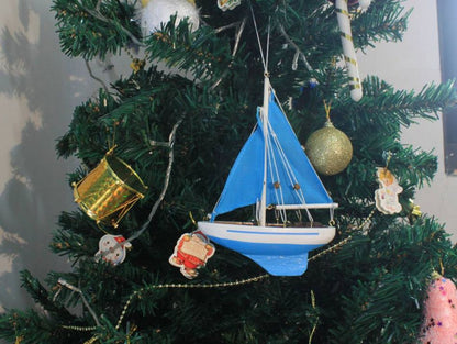 Wooden Light Blue Sailboat with Light Blue Sails Christmas Tree Ornament 9""