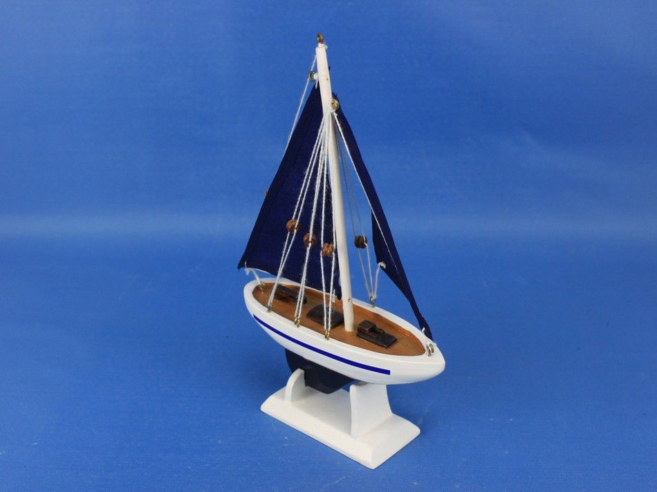 Wooden Blue Pacific Sailer with Blue Sails Model Sailboat Decoration 9""