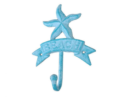Rustic Light Blue Whitewashed Cast Iron Starfish Beach Hook 8""