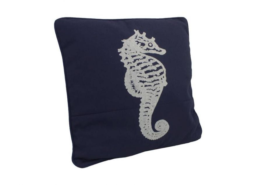 Navy Blue and White Seahorse Pillow 16""