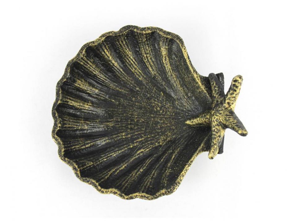 Antique Gold Cast Iron Shell With Starfish Decorative Bowl 6""