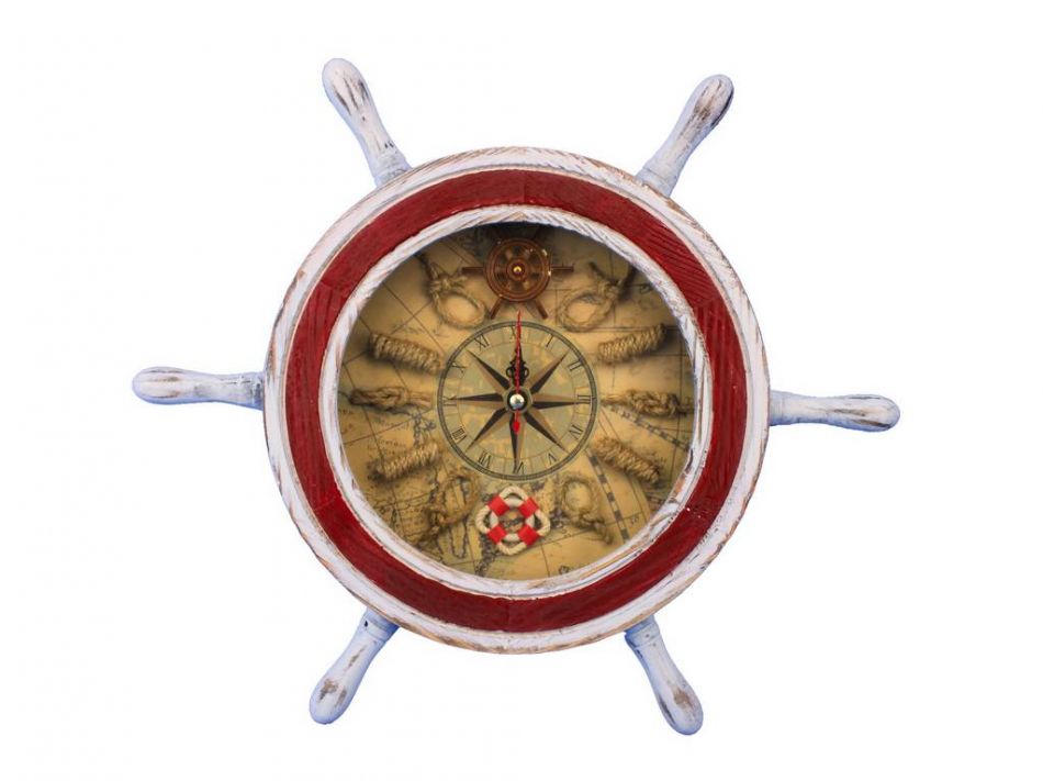 Wooden Rustic White and Red Ship Wheel Knot Faced Clock 12""