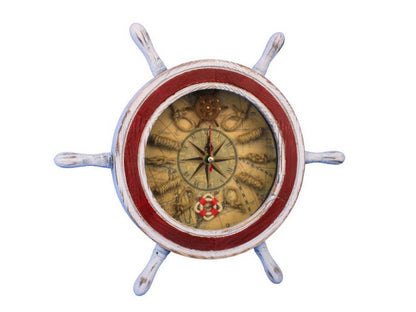 Wooden Rustic White and Red Ship Wheel Knot Faced Clock 12""