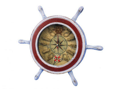 Wooden Rustic White and Red Ship Wheel Knot Faced Clock 12""