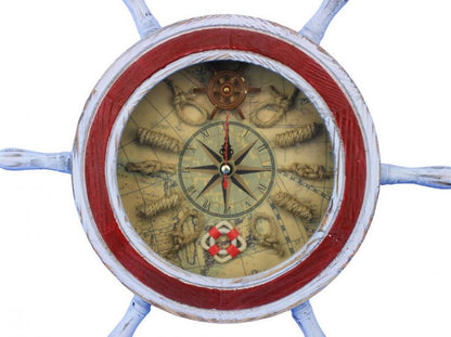 Wooden Rustic White and Red Ship Wheel Knot Faced Clock 12""