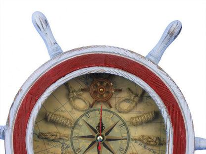 Wooden Rustic White and Red Ship Wheel Knot Faced Clock 12""