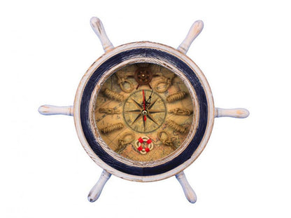 Wooden Rustic White Ship Wheel with Dark Blue Knot Faced Clock 12""