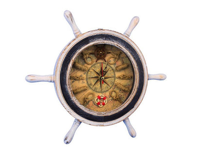 Wooden Rustic White Ship Wheel with Dark Blue Knot Faced Clock 12""