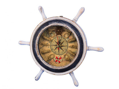 Wooden Rustic White Ship Wheel with Dark Blue Knot Faced Clock 12""