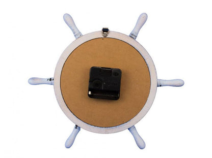 Wooden Rustic White Ship Wheel with Dark Blue Knot Faced Clock 12""